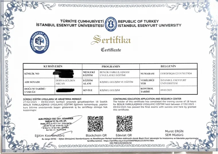 İstanbul Esenyurt Üniversitesi Benlik Farklılaşması Uygulayıcı Eğitimi sertifikası